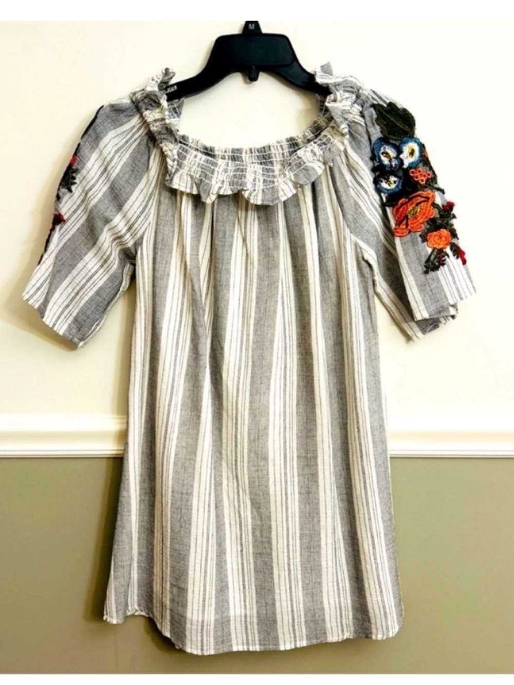 Hayden Embroidered Floral Blue White Striped Off the Shoulder Dress Size Small